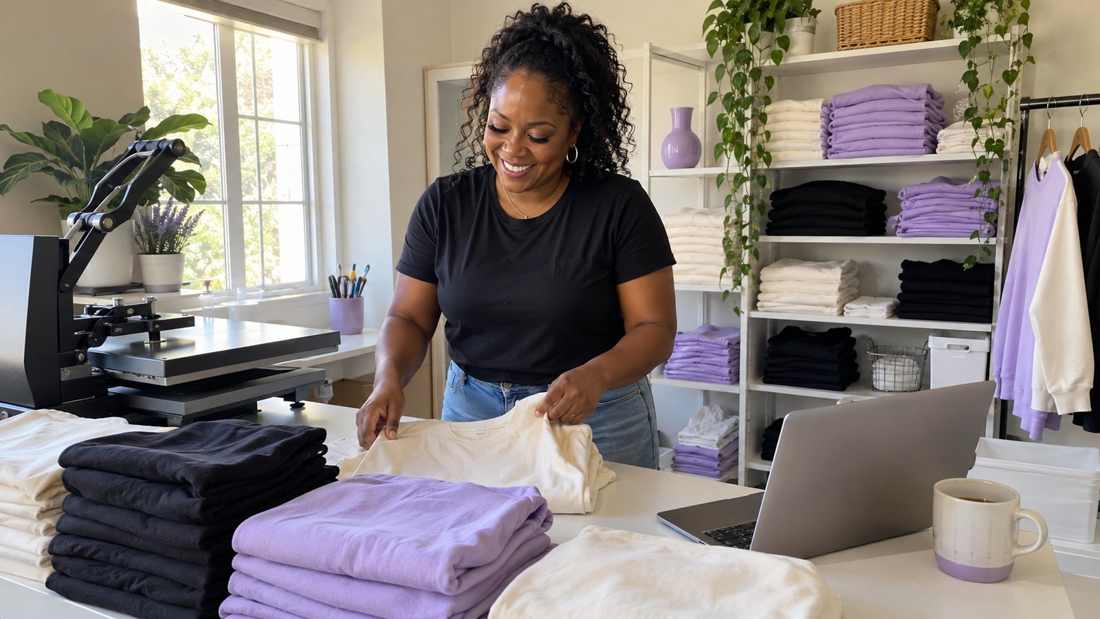 Black woman running a t-shirt business from her home studio