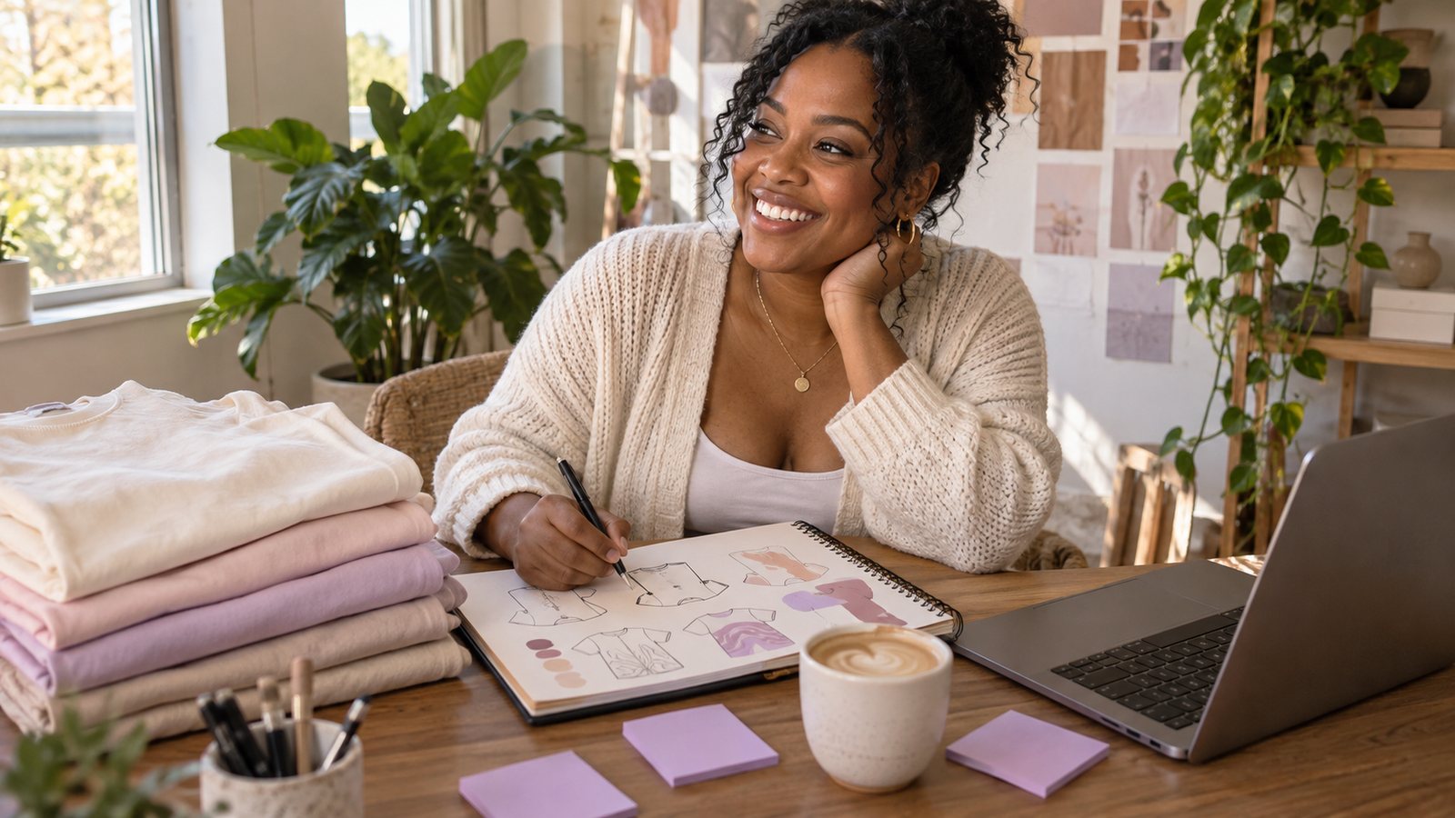 Black woman brainstorming t-shirt design ideas in a sketchbook