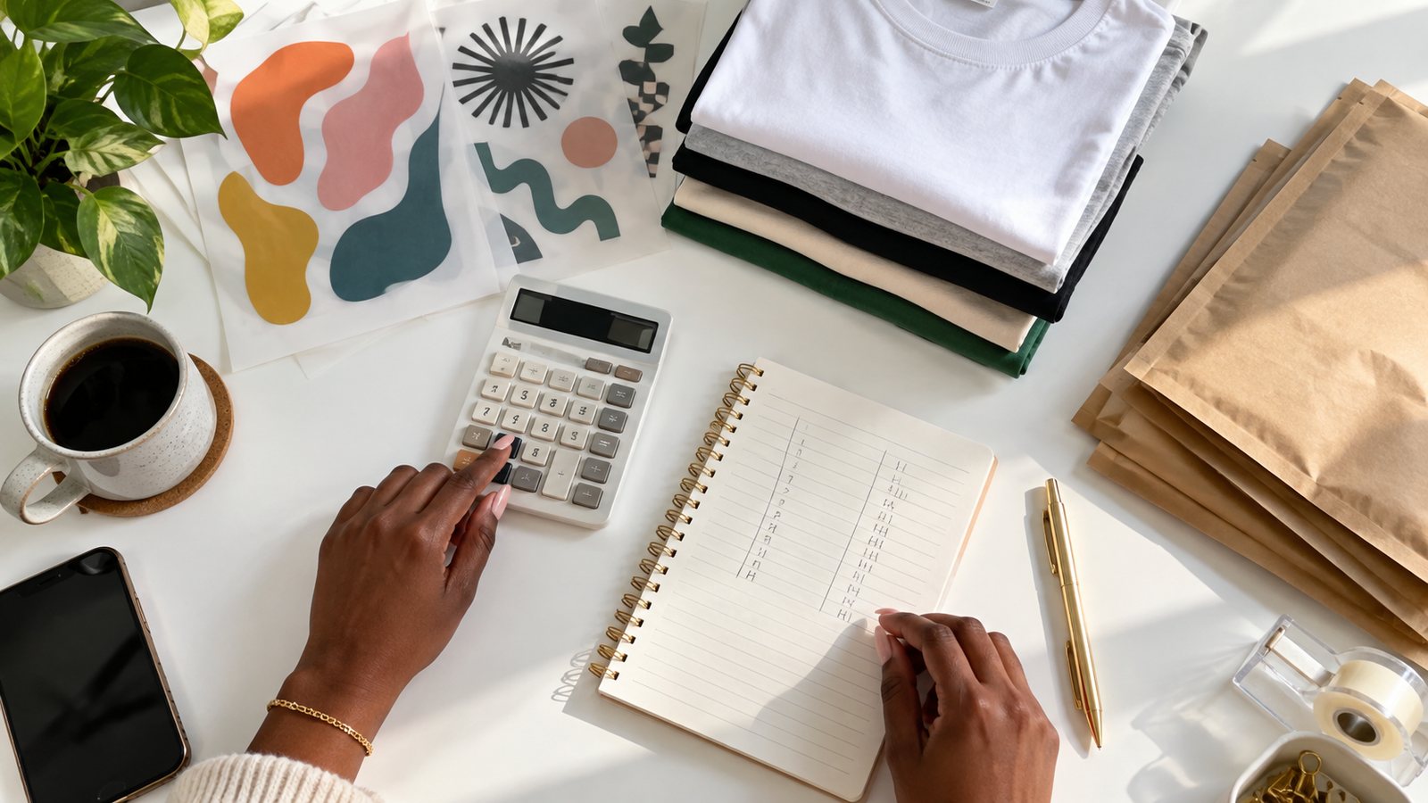 T-shirt business owner pricing shirts with a calculator, blanks and DTF transfers