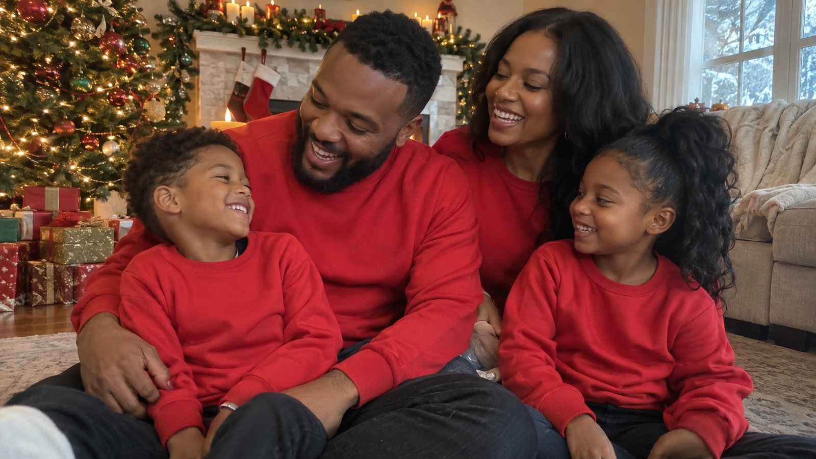 Black family in matching red Christmas sweatshirts