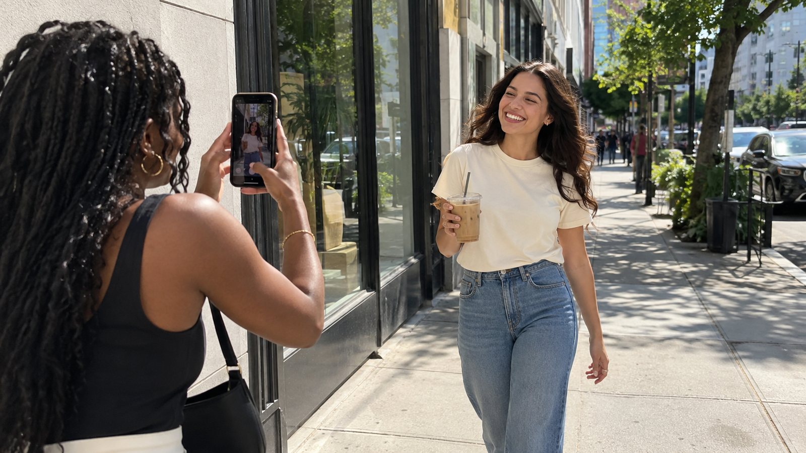 Small t-shirt brand filming lifestyle content on a city sidewalk