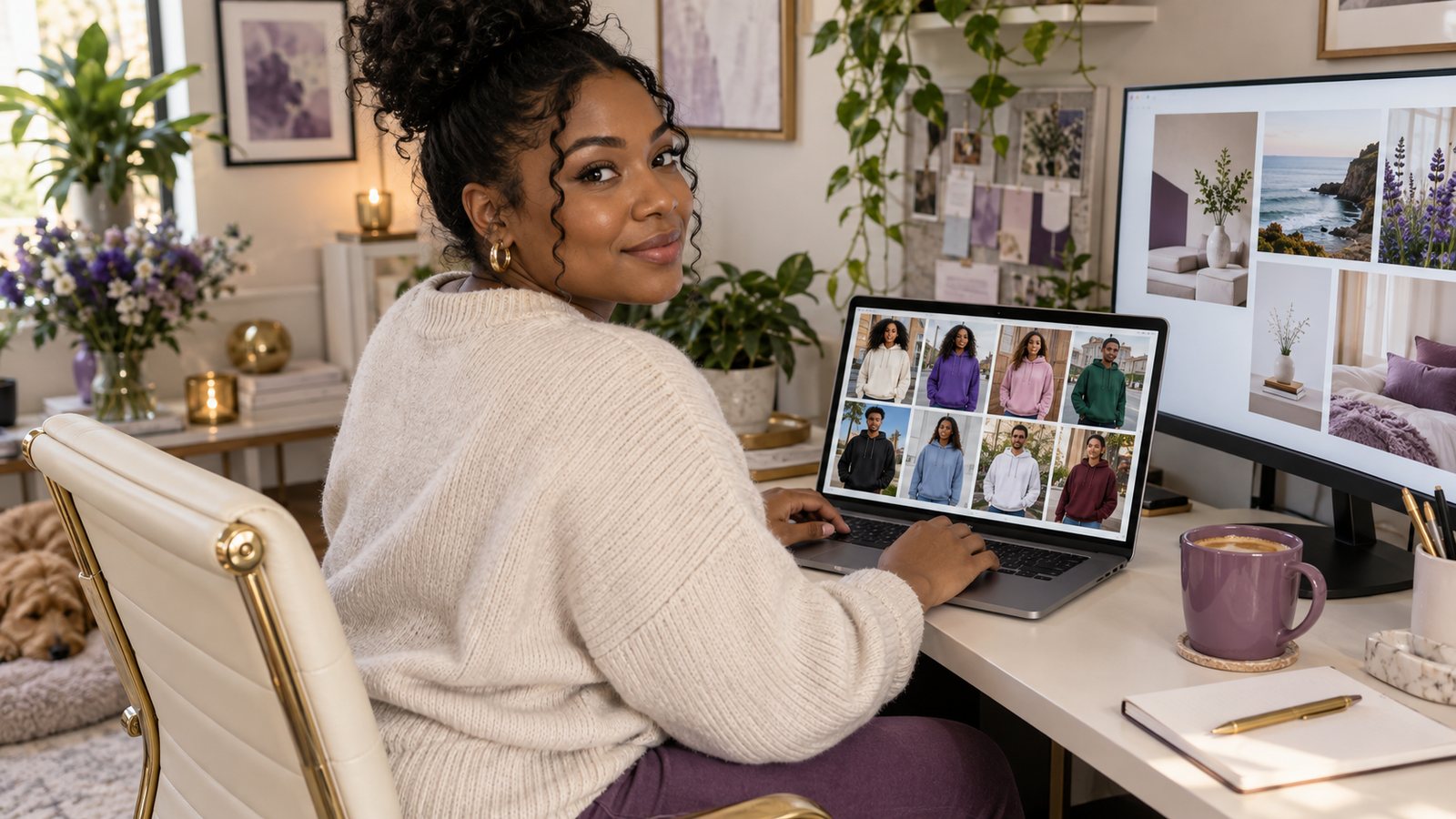 Black woman using AI on her laptop to create t-shirt mockups